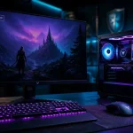 setup pc gamer : bureau gaming 144 Hz et tour PC ouverte