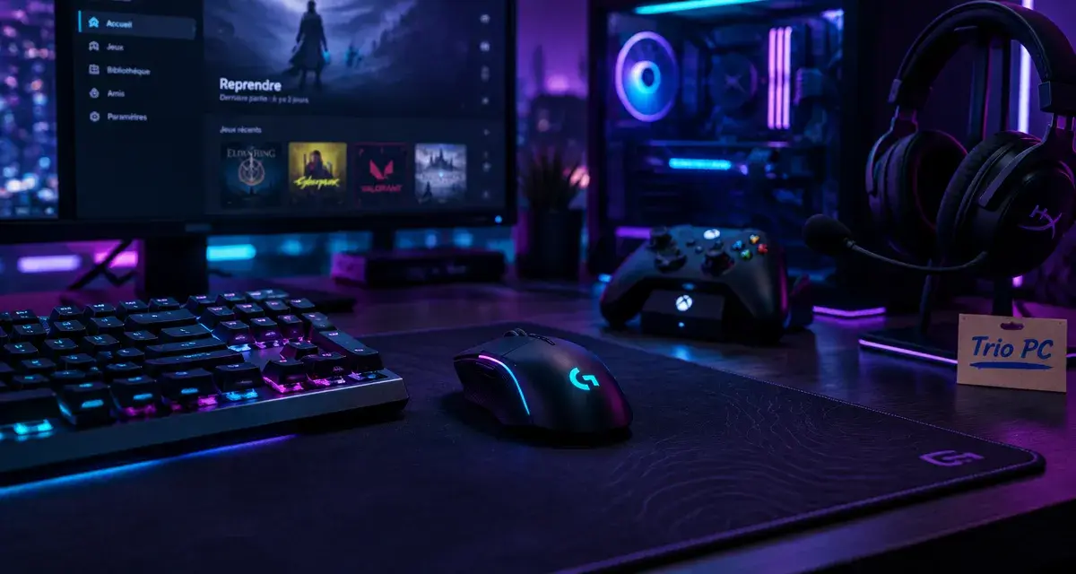 Accessoires gaming sur desk nocturne : clavier, souris, manette et casque