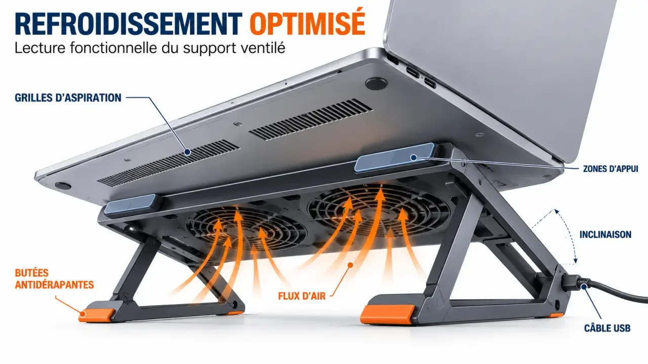 Schéma de fonctionnement d’un refroidisseur PC portable en ligne avec flux d’air et zones de compatibilité