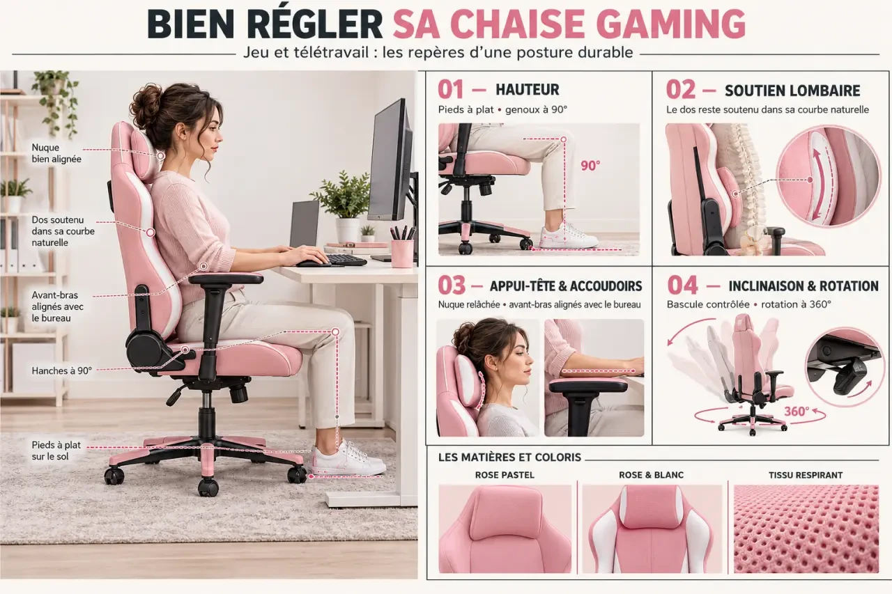 Chaise gaming rose : réglages ergonomiques, soutien lombaire et choix de finition