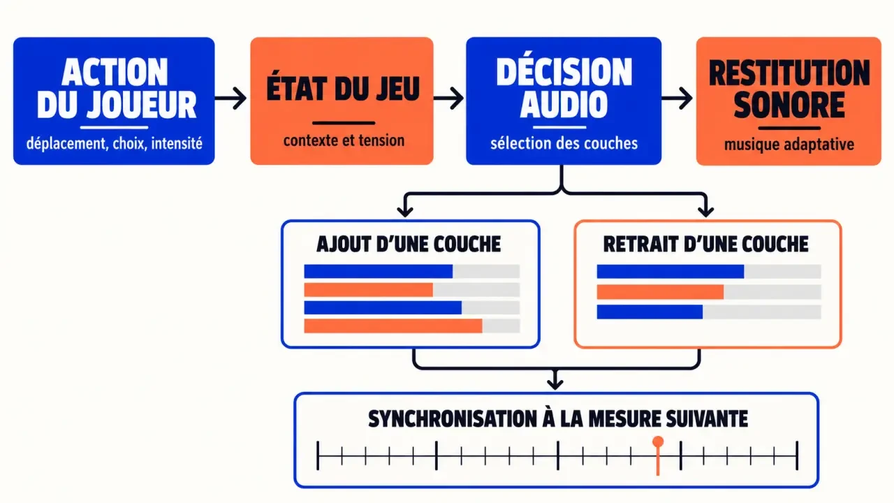 Schéma du fonctionnement du gaming Harmonicode entre action du joueur, logique du jeu et musique interactive