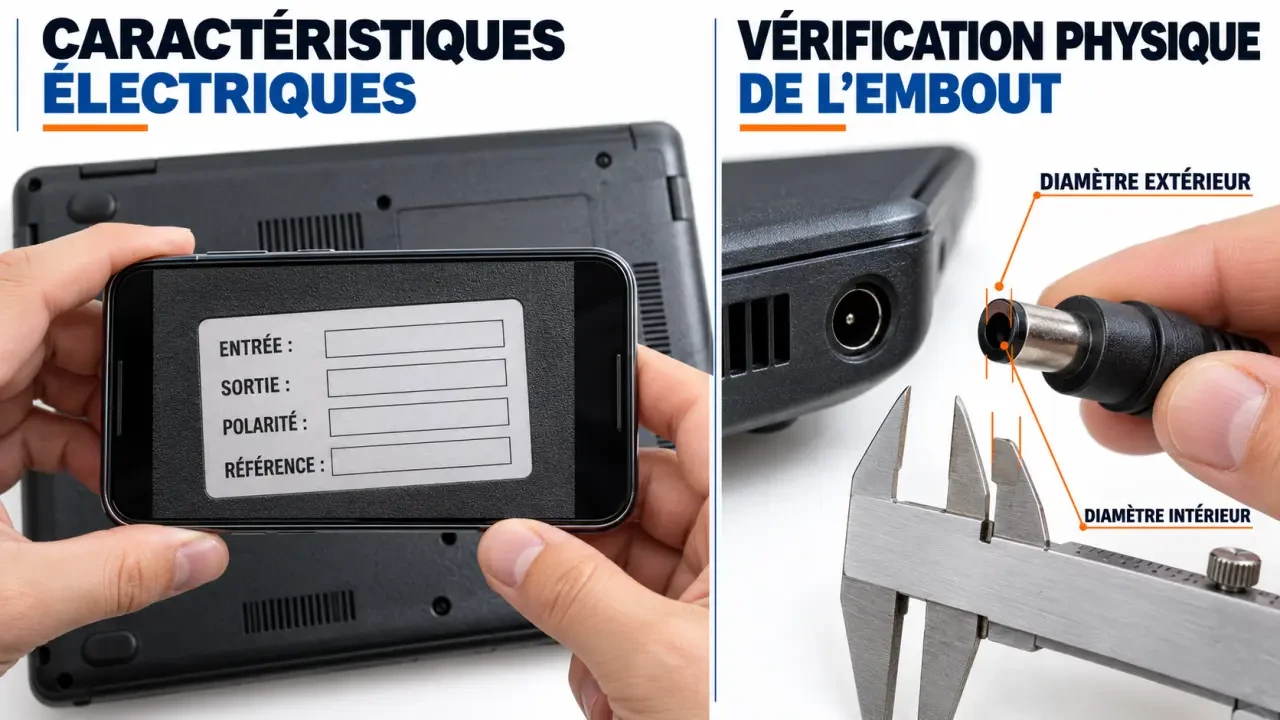 Vérification d’un chargeur universel pour PC portable avec l’étiquette signalétique et le connecteur