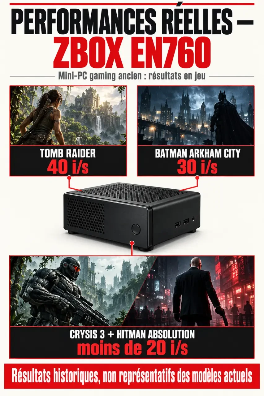 Infographie des performances d’un ZBOX gaming EN760 selon les jeux