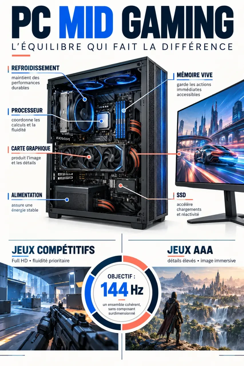 Infographie sur les composants et les arbitrages d’un PC mid gaming pour le Full HD et le 144 Hz