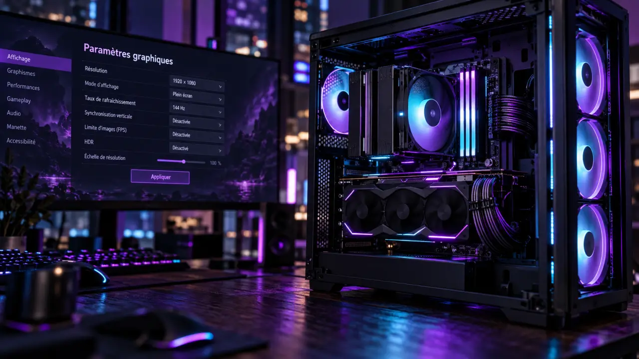 Mid gaming Full HD 144 Hz : tour ouverte sur bureau