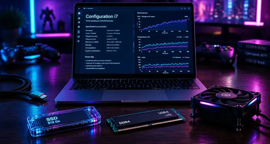 Un PC portable i7 performant repose sur 16 Go de RAM, un SSD de 512 Go et un GPU adapté